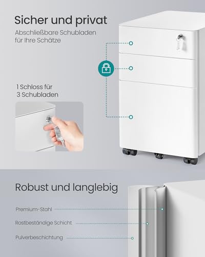 SONGMICS Schubladenschrank, Rollcontainer mit 3 Schubladen, abschließbarer Aktenschrank, vormontiert, Metallschrank, Druckertisch, Büro, Homeoffice, 50 x 39 x 59 cm, mattweiß OFC032WG01
