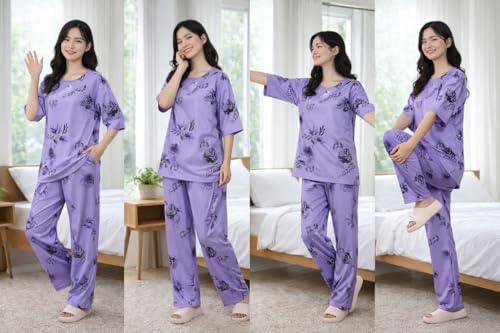 Image of Women's Pajama Set with Top & Pants|| Korean Night Wear|| Loose Fit Home Wear || Lightweight Printed Set || Soft & Comfy Girls & Women