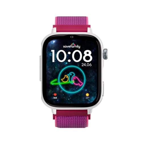 SaveFamily SaveWatch Plus 2 | Reloj Inteligente Niño con Localizador GPS, Llamada, Vídeo, Whatsapp, Spotify, App Store | SIM Incluida - Esfera Blanca y Correa de Tela Frambuesa