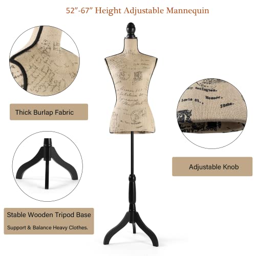 Hombour Mannequin Torso Dress Form, Adjustable 52-67 Inch Manikin, Female Mannequin Body With Wooden Tripod Base Stand For Sewing Dressmaker Display, Brown Burlap #TOP2