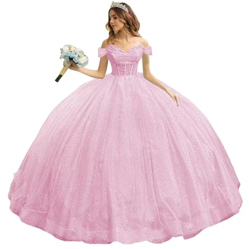 Beaded Tulle Quinceanera Dresses with Bow Puffy Off Shoulder Sweet 16 Dresses Sparkly Crystal Quince Dress with Train