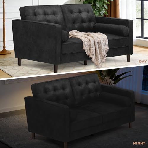 Image of 67 inch Suede Leather 2 Seater Sofa with Two Bolster Pillows, Black | Tufted Sofa with Wooden Legs, Mordern Couch for Living Room, Office, Apartment