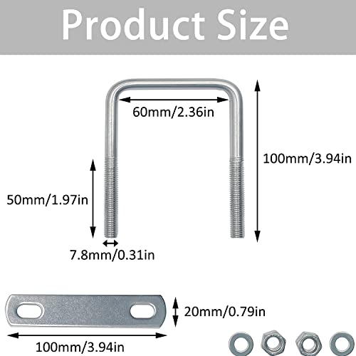 U-Bolt Square U Bolt U-Bolt Clamps 4 Pieces 100 x 60 mm 304 Stainless Steel Square Axle Plate M8 with Nuts Frame Straps Bolts for Towing Cars Ships Repair - Image 2
