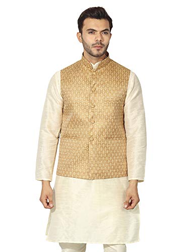Image of Uri and MacKenzie Men's Silk Blend Regular Kurta Churidar Pyjama with Bundi Nehru Jacket /Waistcoat