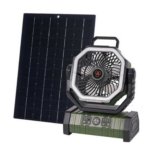 GBEOSMO 20000mAh Solar Camping Fan with 10w Solar Panel, Rechargeable Solar Powered Bank for Outside, LED Lantern, Quiet Battery Operated Tent Fan for Picnic, Barbecue, Fishing, Travel (Green)
