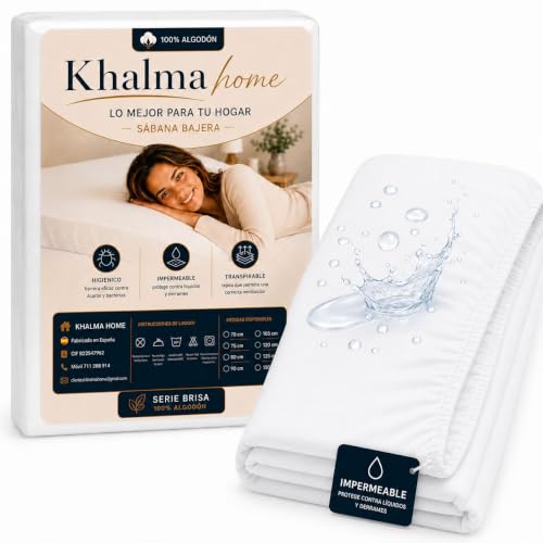 KHALMA HOME Protector Colchón Ajustable Impermeable y Transpirable   Protector Colchón Elástico, Antiácaros, Fácil Colocación, Fabricado en España, 100% Algodón. (90 X 190)