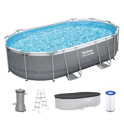 Bestway Steel Pro MAX 16' x 10' x 42' Above Ground Pool, Oval Metal Frame Outdoor Swimming Pool Set with Filter Pump, Ladder, and Cover, Gray