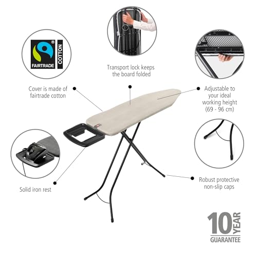 Image of Brabantia Comfort Ironing Board with Solid Steam Iron Rest | Medium (Size B) | Fairtrade Denim Gray Cover | Adjustable Height (27-38 inch), Easy Fold, Anti-Collapse Lock, Non-Slip Feet