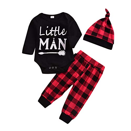 Newborn Baby Boy Clothes Little Man Letter Print Romper Tops + Deer Long Pants + Hat 3PCS Outfits Set (Plaid, 3-6 Months)