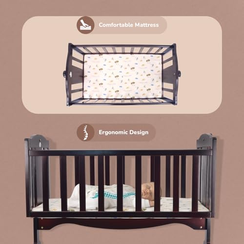 Image of R for Rabbit Dream Time Baby Wooden Cradle, Cot & Crib for Newborn Kids Bedding Set, Sleep Swing with Wheel Lock Function, Age 0-6 Months Upto 20 Kg Weight Capacity (Brown)