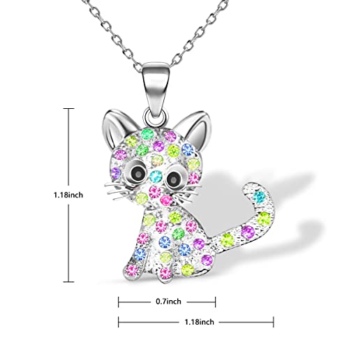 CANIPHA Cat Pendant Necklace for Girls Kids,Small Cute Kitty Rainbow Rhinestone Pendant Necklace Jewelry for Women Teen Girls 10-12,Crystal Choker Friendship Daughter Loved Gifts 18+2 inch Long Chain2
