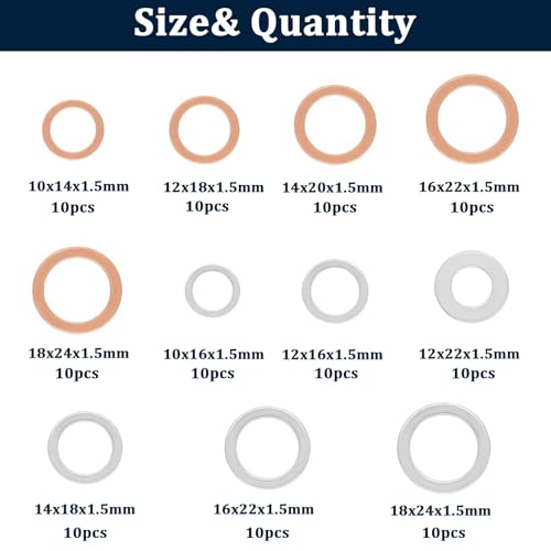 Image of 110pcs Oil Drain Plug Crush Washer Gasket Seal Assortment 50pcs Cooper and 60pcs Aluminum Oil Plug Washers-10mm 12mm 14mm 16mm 18mm O-105