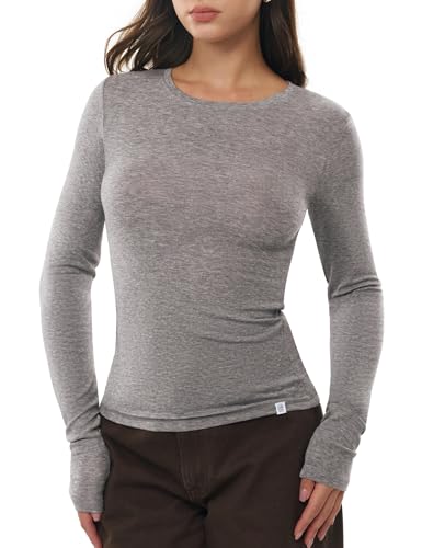 C202 Long Sleeve Shirts for Women Crew Neck Going Out Tops Fall Basic Tee Trendy Heather Charcoal Medium