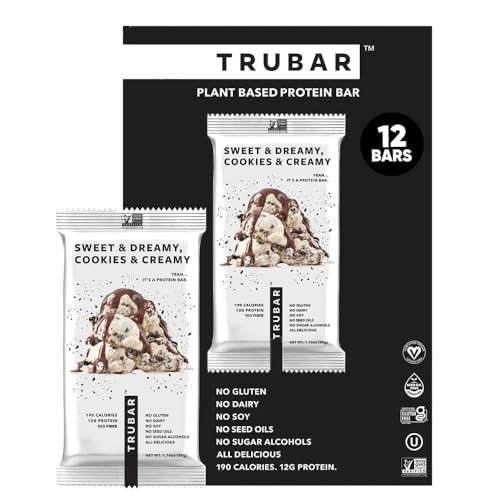 TRUBAR Vegan Protein Bar Sweet & Dreamy Cookies and Creamy Gluten Free Plant Based Protein Dairy Free Non GMO Soy Free No Sugar Alcohols 12G Protein 12G Fiber 23G Carb Snack Bars 12ct