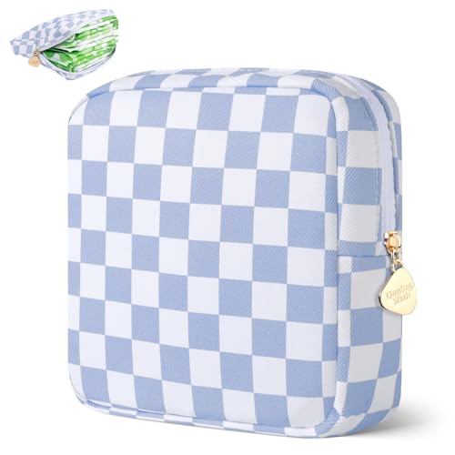Image of Period Bag Pouch Soft Cloth Sanitary Napkin Storage Bag Portable Menstrual Pad Pouches Tampon Holder for Purse First Period Kit for Girls 9-12 (Blue-White Check)