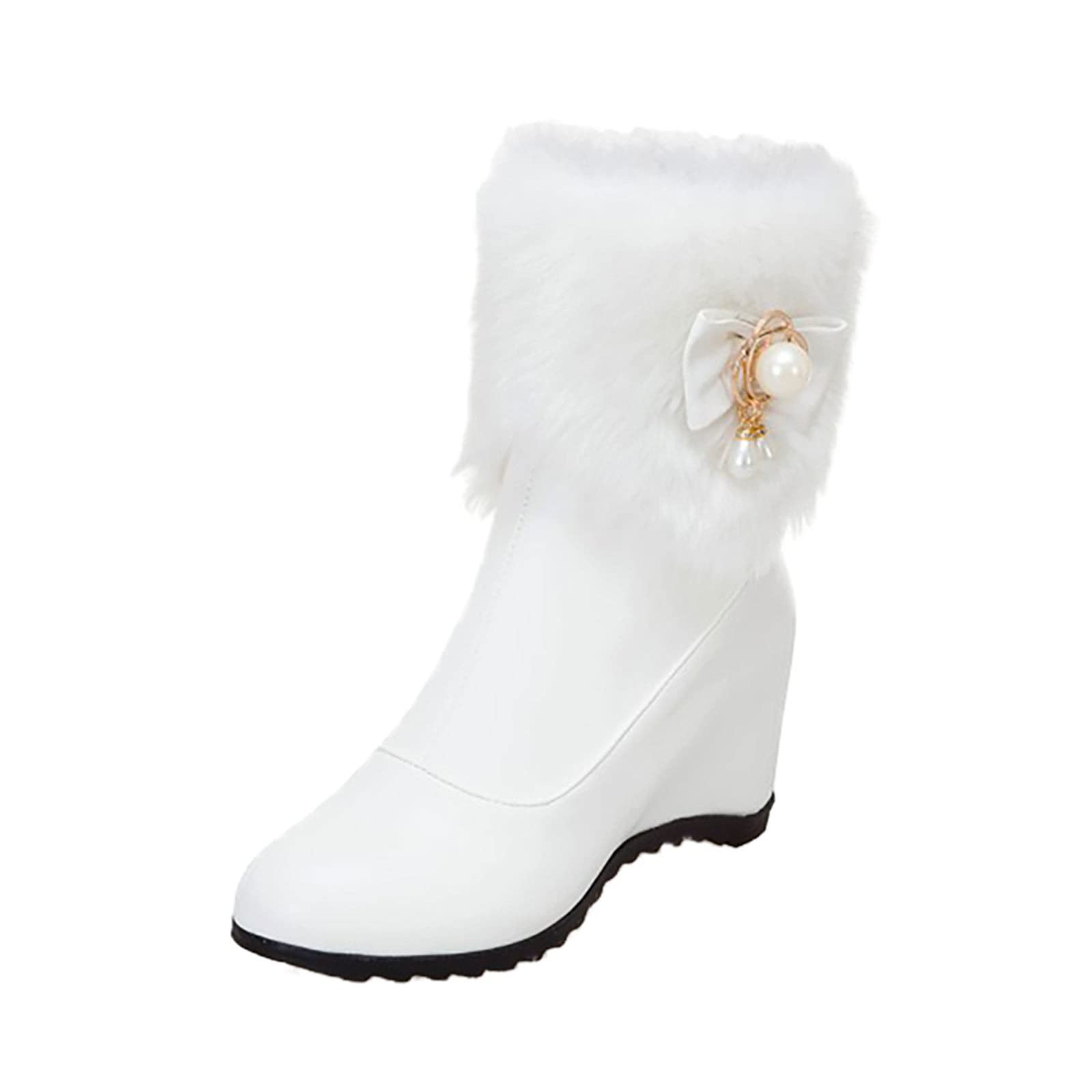 Womens Faux Leather Winter Boots Wedge Heel Fluffy Side Zipper Outdoor Snow Walking Comfort Warm Short Booties