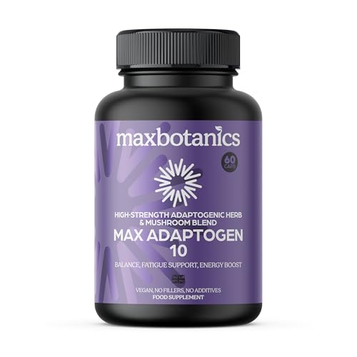 Max Botanics Max Adaptogen 10 Balance, Fatigue, Energy Boost & Stress Support 10-Herb Adaptogen High Strength Mushroom Blend with Ashwagandha, Rhodiola & Ginseng Natural Vegan UK Made (60 Capsules)