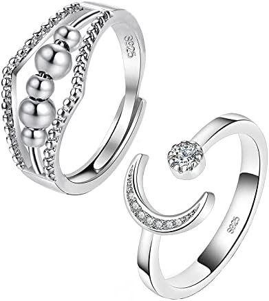 HEEYA Adjustable Rings for Women - 925 Sterling Silver Thumb Rings - Moon Star Ring for Girls - Silver Ring Set with Cubic Zirconia - Anxiety Fidget Rings - Gift for Mum Wife Girlfriend with Box