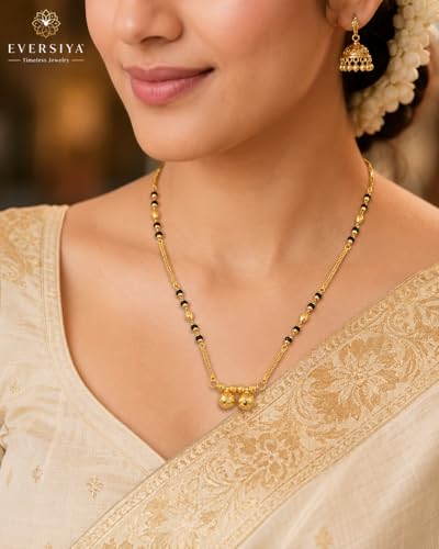 Image of 1 Gram Gold Plated Traditional Short Mangalsutra for Women| Daily Wear Short Tanmaniya With Black beads. 18 Inch Gold Plated Jewellery.