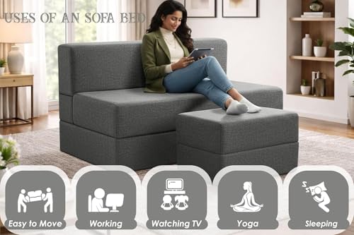 Image of Rosebell Foldable Sofa-Cum-Bed with Ottoman | 3-in-1 Convertible Sofa, Lounger & Bed-4X6 Feet 2 Seater- Perfect for Home & Office -Grey-Color