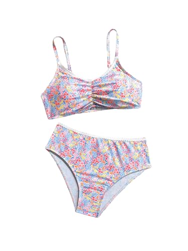 Girl's 2 Piece Floral Lace Bathing Suit Ruched Wireless Padded Swimsuit Cute Vacation Beachwear