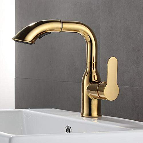 Mitigeur de lavabo avec douchette extractible 2 modes et robinet de salle de bain doré