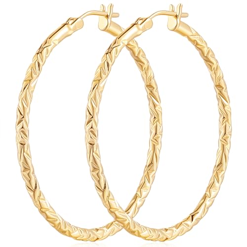 Gold Hoop Earrings 14K Gold Hoop Earrings for Women Large 14K Earring Hoops Interlaced Engraving Design Womens Earring Hoops 35/40mm