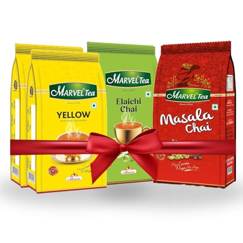 Image of Marvel Tea Combo of Yellow 2 x 250gm, Elaichi, Masala Tea 250 Gm Each with Kadak Ctc, Handpicked Strong Chai from Assam & Darjeeling, Refreshing Aroma & Rich Taste - Combo of 3