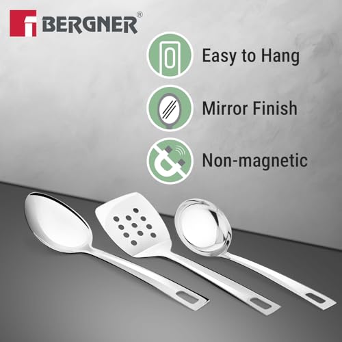 Image of Bergner TriPro Triply Stainless Steel Induction Bottom 7 Pcs Cookware Set with PVD Coated Golden Handles, Kadai 22cm /2L with Glass Lid, Frypan 22cm, Saucepan 14cm /1.2L, Turner, Ladle, Serving Spoon