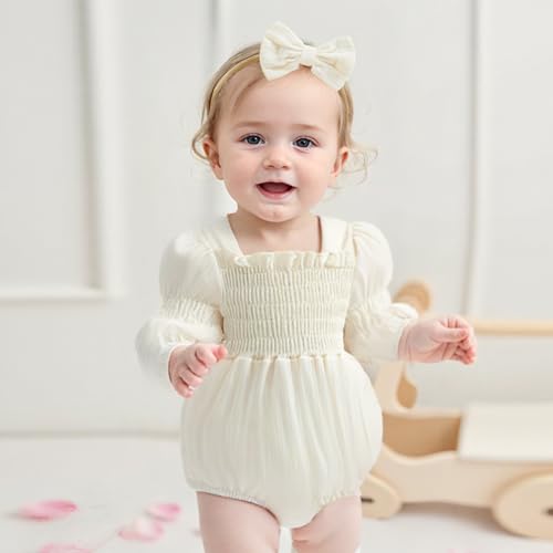 Smocked Baby Girl Clothes Newborn Bubble Romper Solid Linen Long Sleeve Onesie and Headband Cute Photography Outfits2