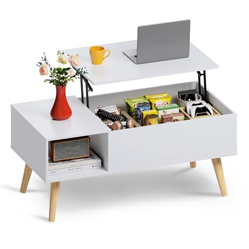 WLIVE Coffee Table for Living Room, Lift Top Coffee Table with Storage, Small Rising Wooden Dining Center Table with Storage Shelf & Hidden Compartment, 39 White