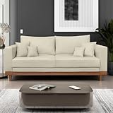 Sofá Living 3 Lugares Suede Resistente Madeira + Almofadas Bege