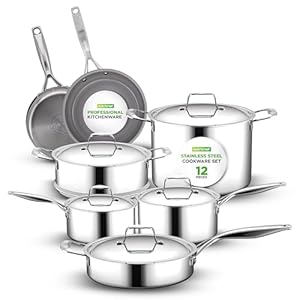 NutriChef 12-Piece Professional Stainless Steel Cookware Set – Tri-Ply Stainless Steel Pots, Ceramic Non-Stick Fry Pans, Induction Compatible, Stainless Steel Handles, Dishwasher Safe