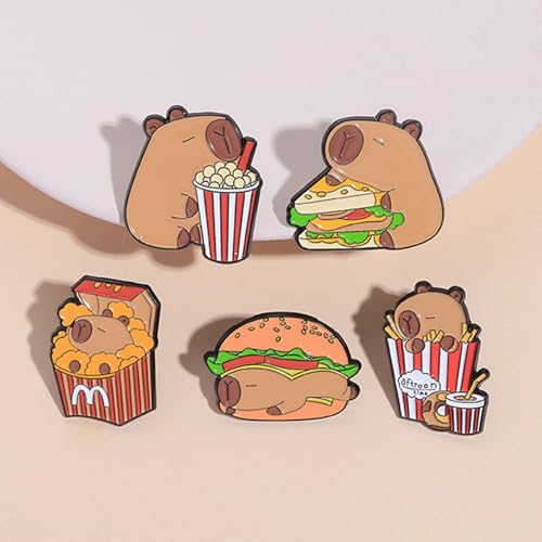 Image of 5Pcs Cartoon Capybara pin, Cute Animal Enamel Pin, Birthday Cake Donut Coffee Corn Roll Lapel Pin Alloy Backpack Pin Enamel Badge Suitable for Daily Decoration Clothes Sweater Hat Bag Collection Party Gift