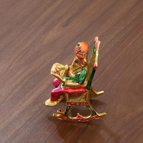 Image of KridayKraft Metal Chair Ganesh ji Reading Book with Meenakari Work,Ganesha Metal Statue for Pooja & Home, Office Decor, Car Dashboard Religious Showpiece for Decoration & Gifting Article