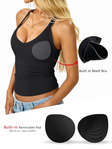 Womens Built in Shelf Bra Racerback Tank Tops Padded Ribbed Halter Strap T Shirts Slim Fitted Sexy V Neck Tee3