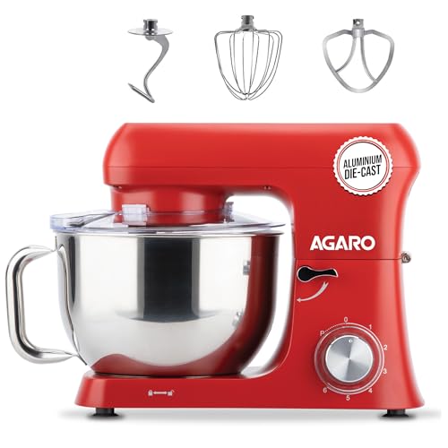 AGARO Supreme Stand Mixer 1500W with 6.2L SS Bowl, 6 Speed Setting, Pulse Function, Die Cast Aluminium Body, Copper Motor, Whisk, Mixing Beater, Dough Hook, Transparent Bowl Cover, Red