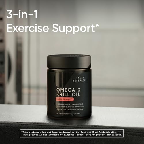 Image of Sports Research Krill Oil Supplement with EPA & DHA Omega 3, Phospholipids & Astaxanthin from Antarctic Krill - Highest Concentration of Krill Oil for Men & Women - 1000mg, 30 Softgel Capsules