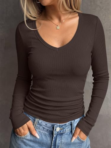 Image of ANRABESS Long Sleeve Shirts for Women Fall V Neck Slim Fit Tops Basic Tee