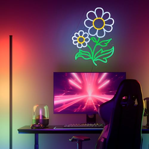 Image of Daisy Flower Neon Sign Flora LED Neon Lights Boho Decor for Bedroom Wall Decor Vintage Light Up Signs Room Party Bedroom Classroom Hanging Decoration Gifts 16.5 x 12.6 inchs