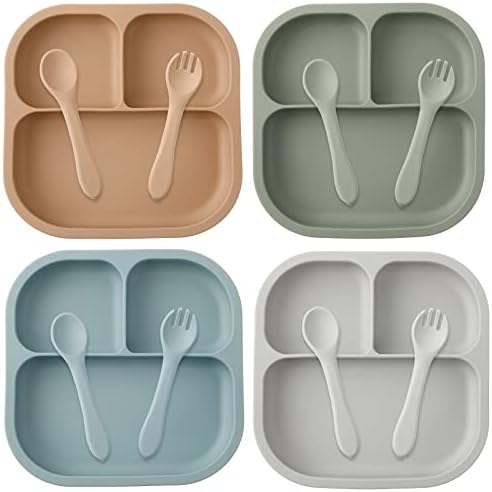 Hoolerry 12 Pcs Toddler Plates Fork Spoon Set Silicone Baby Feeding Set, Baby Suction Plates Baby Led Weaning Supplies Toddler Plates with Suction Toddler Divided Plate with Spoon Fork for Boys Girls