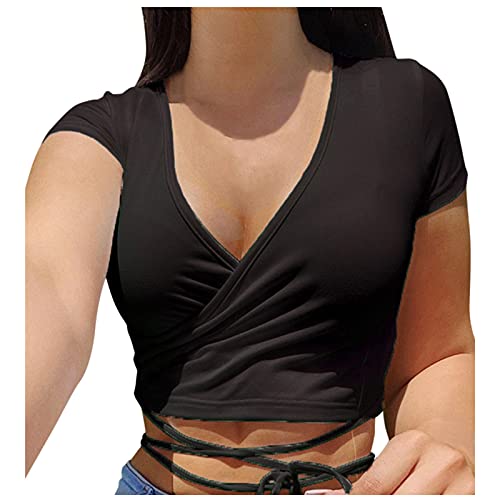 Crop Tops for Women Drawstring Ruched Short Sleeve Tops Slim Cropped Front Cross T-Shirts Sexy & Club Blouse
