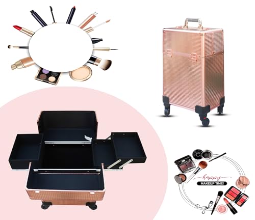 Image of Adson Multifunctional Professional Beauty Makeup Artist Rolling Cosmetic Aluminium Vanity Trolley Beauty Train case Makeup Cosmetic Trolley Hairstylist Travel Organizer (Rose Gold)