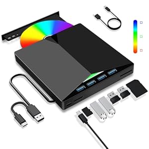 Dictien Externes CD DVD Laufwerk, Extern USB 3.0 Type-C mit SD/TF-Kartenleser Tragbar CD/DVD +/-RW Brenner, Schnelle Datenübertragung für PC Laptop Desktop Win11/10/8/7/XP, Linux, Mac OS, Vista