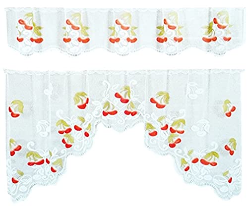 Ilkadim 2-Piece Bistro Kitchen Curtain 35 x 150 cm (Top), 65 x 150 cm (Bottom) White Weiß Rot Kirschen