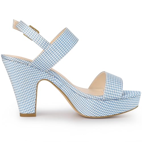 Allegra K Allegra K Women's Houndstooth Plaid Print Platform Buckle Chunky High Heel Blue Dressy Sandals 9 M US