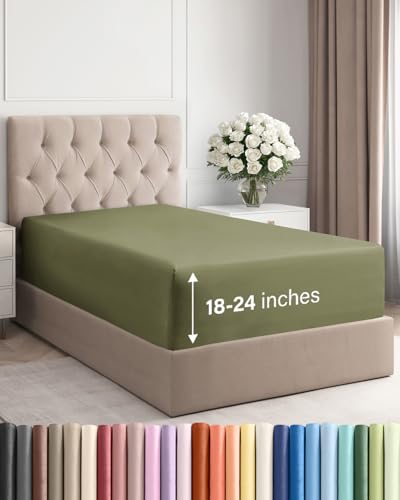 Image of Extra Deep Twin Fitted Sheet - Single Fitted Sheet Only - Sage Green | Easily Fits 18 inch to 24 inch Mattress, Soft, Wrinkle Free, Breathable & Comfy, Extra Deep Pockets Hotel Luxury Fitted Sheet