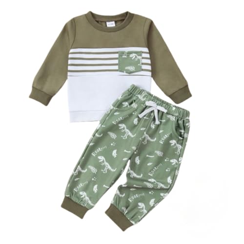 Toddler Baby Boy Fall Winter Clothes Long Sleeve Striped Sweatshirt Pullover Tops Dinosaur Pants Outfit Set 12 Months-4T