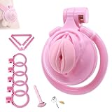 QgLust Peniskäfig Keuschheitskäfig Herren für Pink Vaginal Design Chastity Cage Mit Keuschheitsgürtel Katheter Und 4 Ringe Cock Cage Fetisch Bondage Sissy Chastity Belt Extrem Keuchheitsgüŕtel Mann