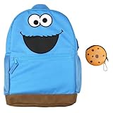 INTIMO Sesame Street Backpack Cookie Monster Character 16' Book Bag with Keychain Cookie Tech Coin Pouch